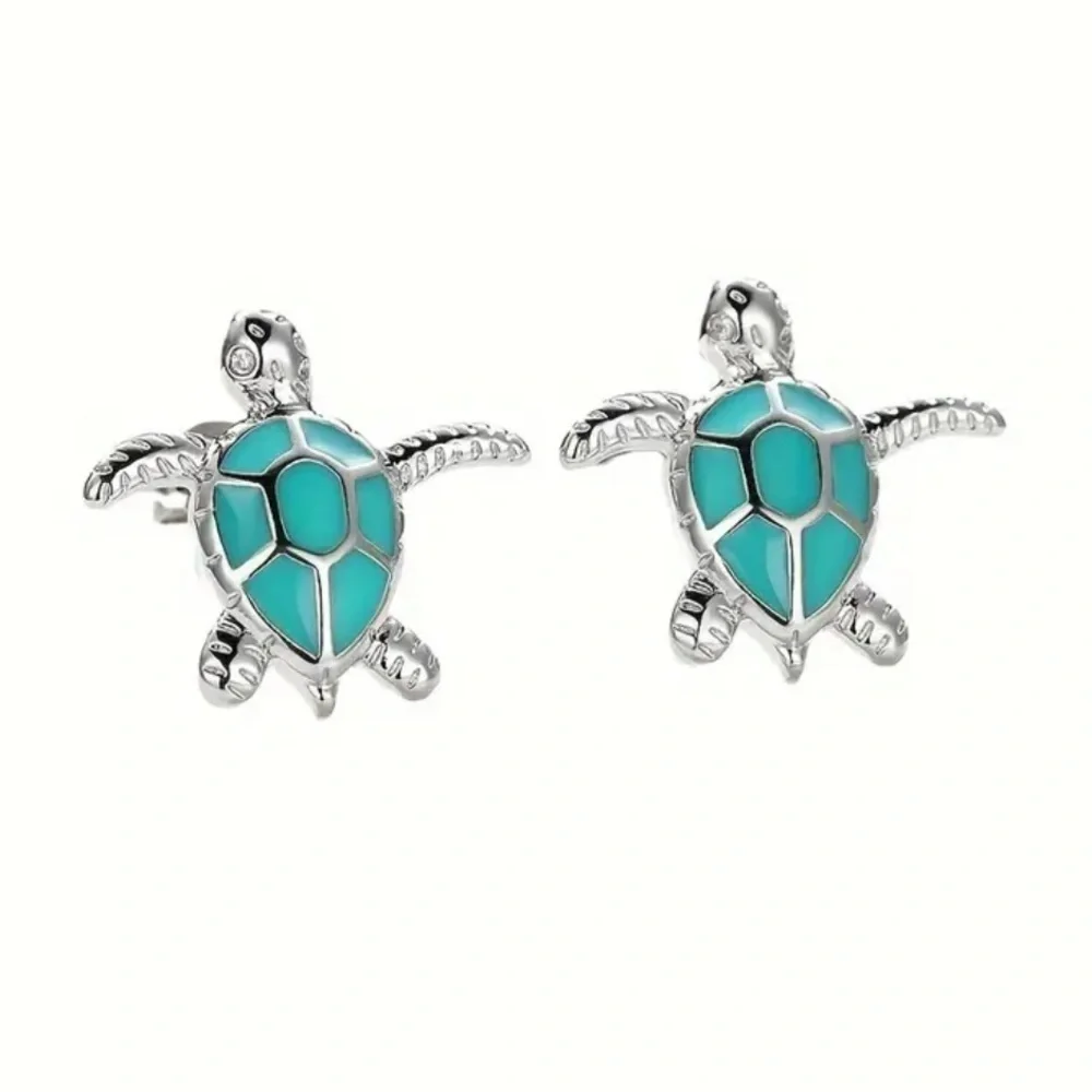 Turquoise and Silver Tone Sea Turtle Earrings - Picture 2 of 7